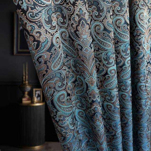 Victorian Damask Turquoise Blue Jacquard Curtains Art Deco Floral Living Room Panels - image 1
