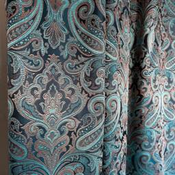 Victorian Damask Turquoise Blue Jacquard Curtains Art Deco Floral Living Room Panels - thumbnail 4