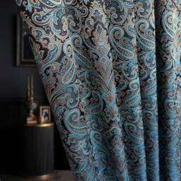 Oriental Damask Floral Curtains Teal Blue Jacquard Panels For Living Room - thumbnail 3