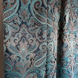 Oriental Damask Floral Curtains Teal Blue Jacquard Panels For Living Room - thumbnail 1