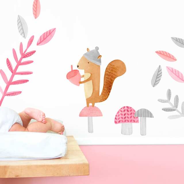 Squirrel - Fabric Wall Decal Woodland Pink Collection Mej - image 1