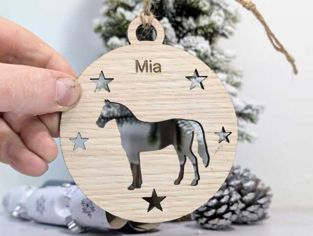 Personalised Horse Bauble - Custom Wooden Gift For Pony Lovers - Equine Christmas Oak Veneered Xmas Decoration - image 1