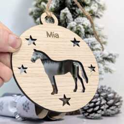 Personalised Horse Bauble - Custom Wooden Gift For Pony Lovers - Equine Christmas Oak Veneered Xmas Decoration - thumbnail 2