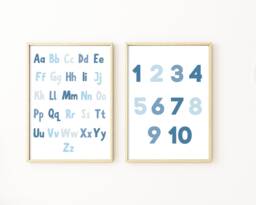 Set Of 2 Blue Alphabet & Number Print, Abc 123 Boys Nursery, Room Wall Art, Bedroom Prints, Educational Children's Prints - thumbnail 1