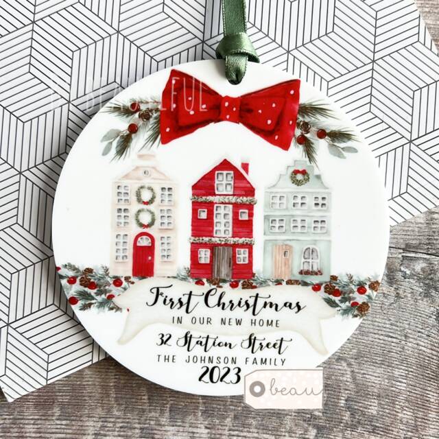 Personalised First Christmas At Address in New Home House Home Gift Design Acrylic Or Ceramic Round Ornament Keepsake