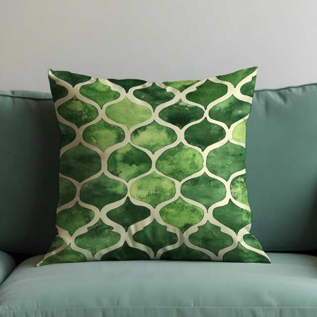 Green Moroccan Trellis Cushion Cover, Watercolor Style Pillow Modern Boho Home Decor, Geometric Accent Throw Case - image 1