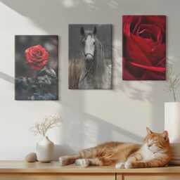 Set Of 3 Canvas Prints - Red Roses & A Horse in Gray Setting, Wall Art, Plants Flowers Decor - thumbnail 2