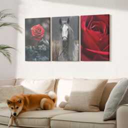 Set Of 3 Canvas Prints - Red Roses & A Horse in Gray Setting, Wall Art, Plants Flowers Decor - thumbnail 3