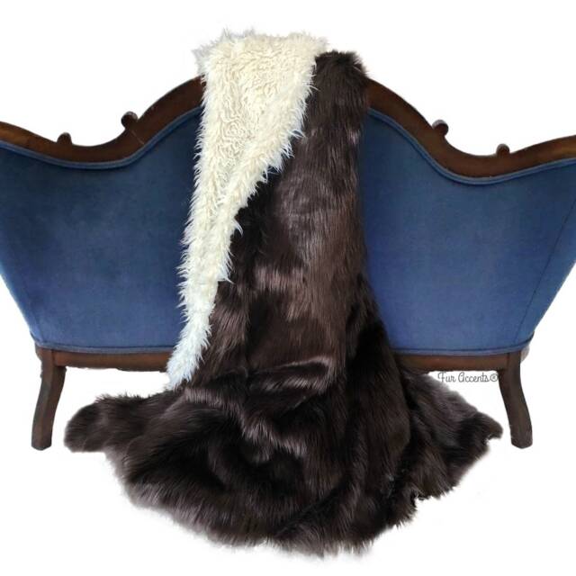 Handmade Brown Bear Faux Fur Throw Blanket, White Mongolian Sheepskin Reverse - image 1
