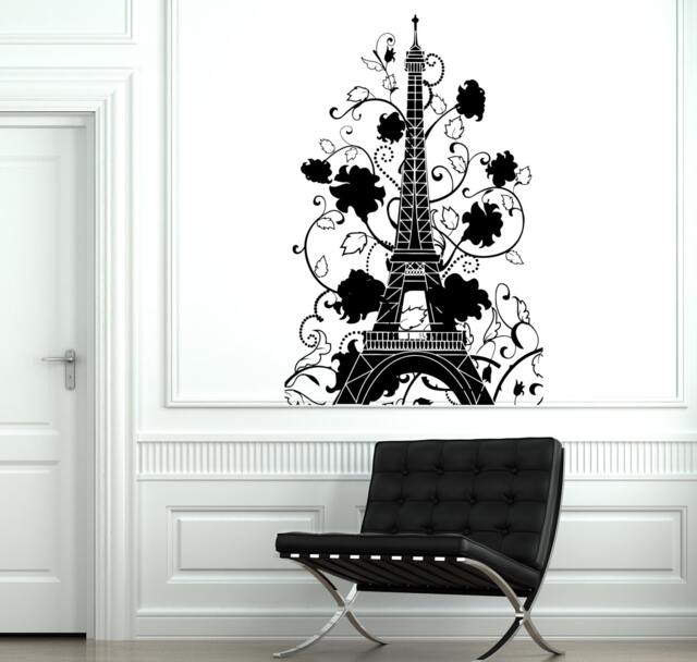 Wall Decal Paris France Eiffel Tower Flower Romantic Vinyl Sticker 1829Dz - image 1