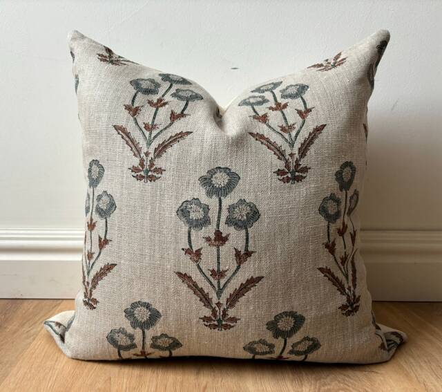 Hand Block Printed Pillow Cover - Designer-Inspired Floral Linen Blue Brown Beige Neutral Earth Tones Boho Modern Decor Euro Sham - image 1