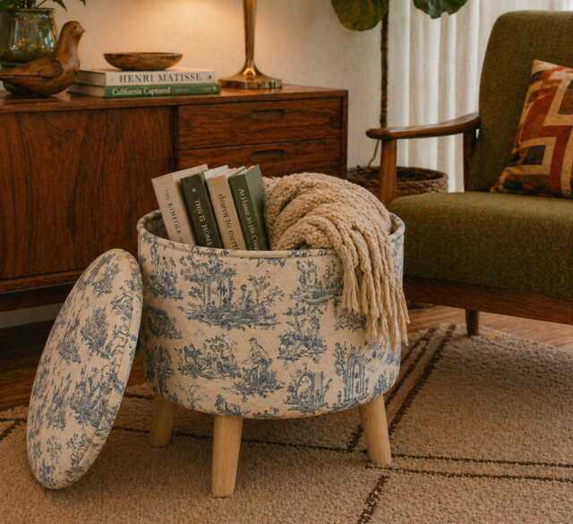 Upholstered Ottoman Round Hidden Storage Footstool - French Toile De Jouy Blue - image 1