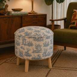 Upholstered Ottoman Round Hidden Storage Footstool - French Toile De Jouy Blue - thumbnail 2