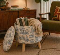 Upholstered Ottoman Round Hidden Storage Footstool - French Toile De Jouy Blue - thumbnail 1