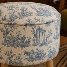 Upholstered Ottoman Round Hidden Storage Footstool - French Toile De Jouy Blue - thumbnail 3