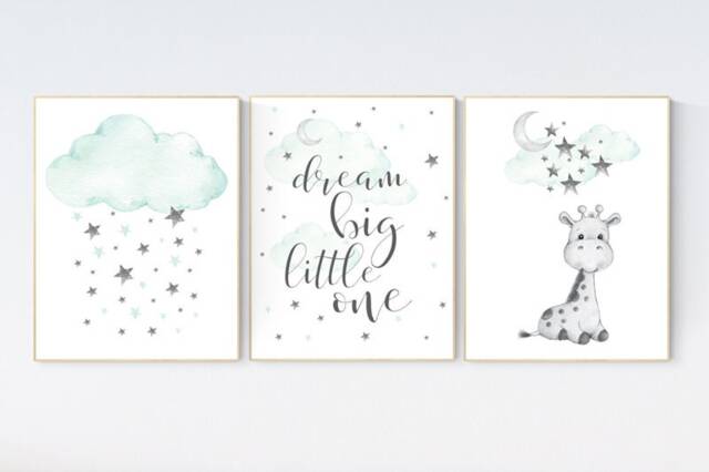 Giraffe Nursery Prints Mint Green, Gender Neutral Wall Art - image 1