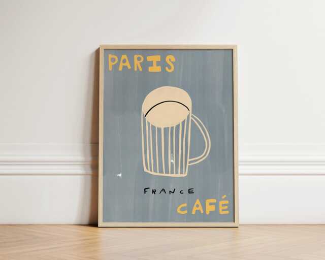 Paris Cafe Print, Coffee Trendy Retro Kitchen Poster, Butter Yellow Decor, Hand Drawn Illustration Art Unframed - image 1