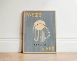Paris Cafe Print, Coffee Trendy Retro Kitchen Poster, Butter Yellow Decor, Hand Drawn Illustration Art Unframed - thumbnail 1