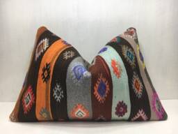 Vintage Kilim Lumbar Pillow Cover, Turkish Ethnic Cushion - 16x24