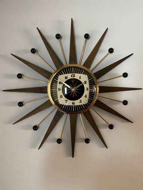Handmade Mid Century Starburst Clock Walnut Teak Rays, Goldtone, 21 Inch - image 1