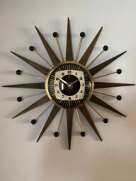 Handmade Mid Century Starburst Clock Walnut Teak Rays, Goldtone, 21 Inch - thumbnail 1