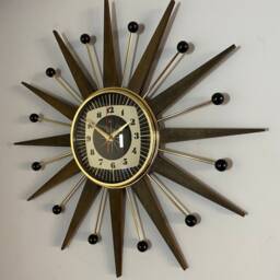 Handmade Mid Century Starburst Clock Walnut Teak Rays, Goldtone, 21 Inch - thumbnail 3