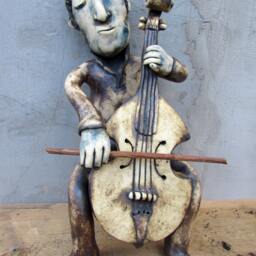 Fireclay Ceramic Cellist Sculpture, Handmade One-Of-A-Kind Statue - thumbnail 2