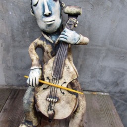 Fireclay Ceramic Cellist Sculpture, Handmade One-Of-A-Kind Statue - thumbnail 4