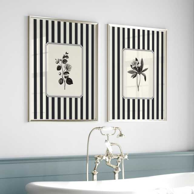 Bathroom Wall Art Set Of 2, Striped Botanical Prints, Black & White Vintage Botanicals, Monochrome - image 1