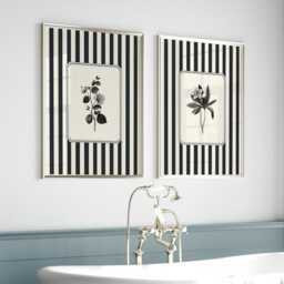 Bathroom Wall Art Set Of 2, Striped Botanical Prints, Black & White Vintage Botanicals, Monochrome - thumbnail 1