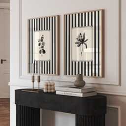 Bathroom Wall Art Set Of 2, Striped Botanical Prints, Black & White Vintage Botanicals, Monochrome - thumbnail 2