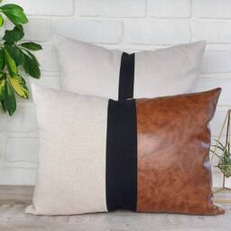 Color Block Lumbar Pillow Cover Walnut Faux Leather, Linen, Black Strip - thumbnail 2