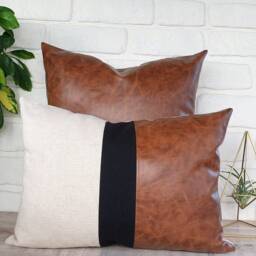 Color Block Lumbar Pillow Cover Walnut Faux Leather, Linen, Black Strip - thumbnail 3