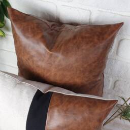 Color Block Lumbar Pillow Cover Walnut Faux Leather, Linen, Black Strip - thumbnail 4