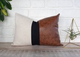 Color Block Lumbar Pillow Cover Walnut Faux Leather, Linen, Black Strip