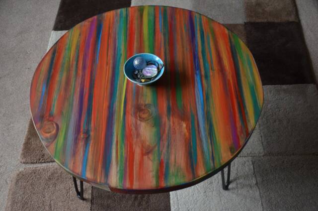 Round Coffee Table Coastal Wood Furniture Tropical Sunset Colours With Metal Hair Pin Or Tapered Legs Inspired Living Room Decor - image 1