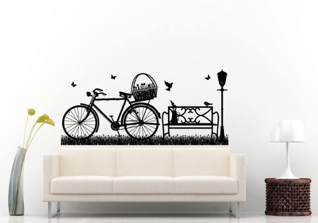 Retro Old School Bicycle Basket Grass Birds Bench Light Post Scene Wall Decal Vinyl Sticker Mural Room Decor L959 - image 1