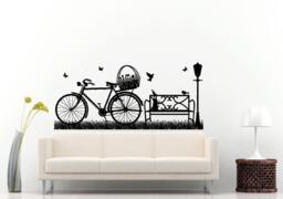 Retro Old School Bicycle Basket Grass Birds Bench Light Post Scene Wall Decal Vinyl Sticker Mural Room Decor L959 - thumbnail 1