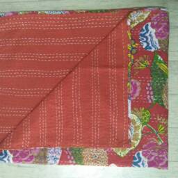 Red Color Indian Handmade Kantha Quilt, Floral Bedspread, Kantha Coverlet Size Multi - thumbnail 4