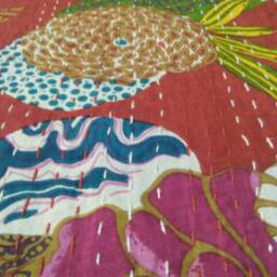 Red Color Indian Handmade Kantha Quilt, Floral Bedspread, Kantha Coverlet Size Multi - thumbnail 3