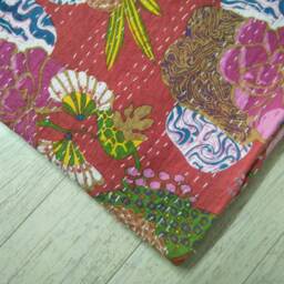 Red Color Indian Handmade Kantha Quilt, Floral Bedspread, Kantha Coverlet Size Multi - thumbnail 2