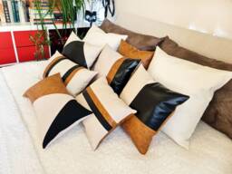 Color Block Lumbar Pillow Cover Faux Leather & Linen, Modern Scandinavian - thumbnail 1