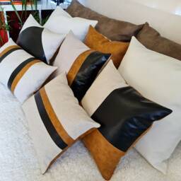 Color Block Lumbar Pillow Cover Faux Leather & Linen, Modern Scandinavian - thumbnail 3