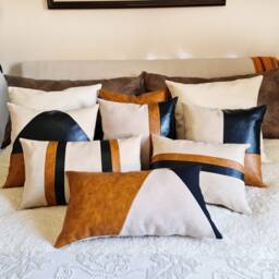 Color Block Lumbar Pillow Cover Faux Leather & Linen, Modern Scandinavian - thumbnail 2