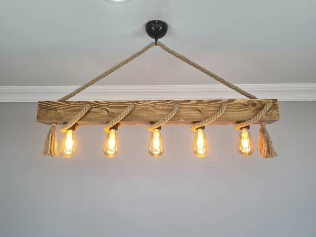 Wooden Beam Light Fixture, Rustic Farmhouse Wood Chandelier, Rope Ceiling For Dining Room & Vintage Kitchen Island - image 1