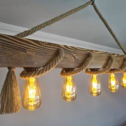 Wooden Beam Light Fixture, Rustic Farmhouse Wood Chandelier, Rope Ceiling For Dining Room & Vintage Kitchen Island - thumbnail 4
