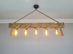 Wooden Beam Light Fixture, Rustic Farmhouse Wood Chandelier, Rope Ceiling For Dining Room & Vintage Kitchen Island