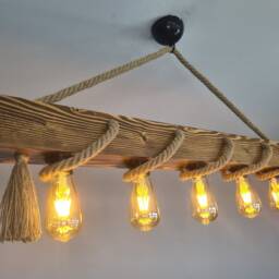 Wooden Beam Light Fixture, Rustic Farmhouse Wood Chandelier, Rope Ceiling For Dining Room & Vintage Kitchen Island - thumbnail 3