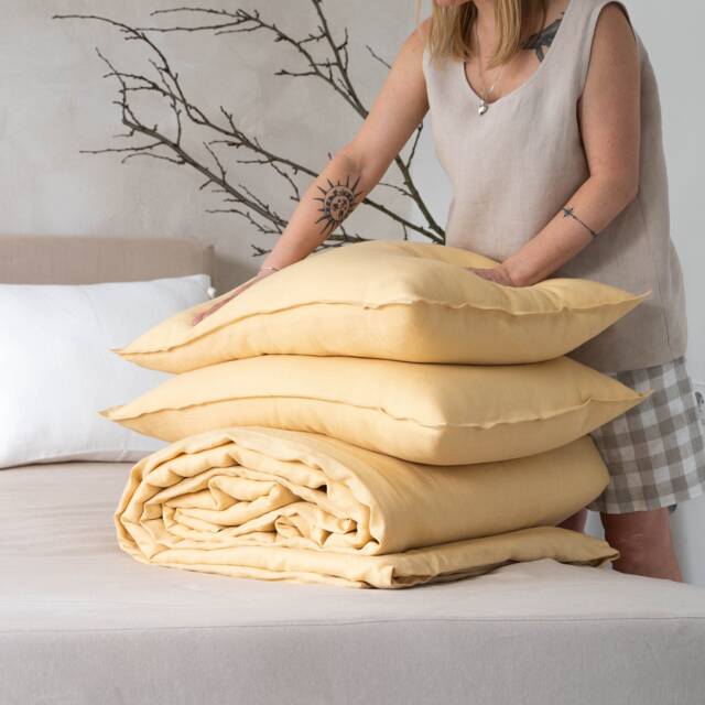 Linen Duvet Cover Set With Pillow Cases, Butter Yellow Bedding Queen, King, Double, Twin, Full, Natural Bed Sets - image 1