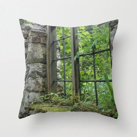 Window Of The Past, Pillow Or Cover Home Decoration, Green, Botanical, Wilderness, Architecture, Interior Design, Rustic - image 1